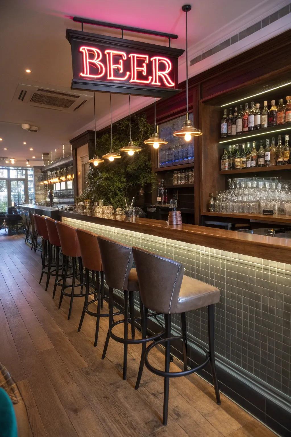 An illuminated ale placard injects vibrant dynamism into your location.