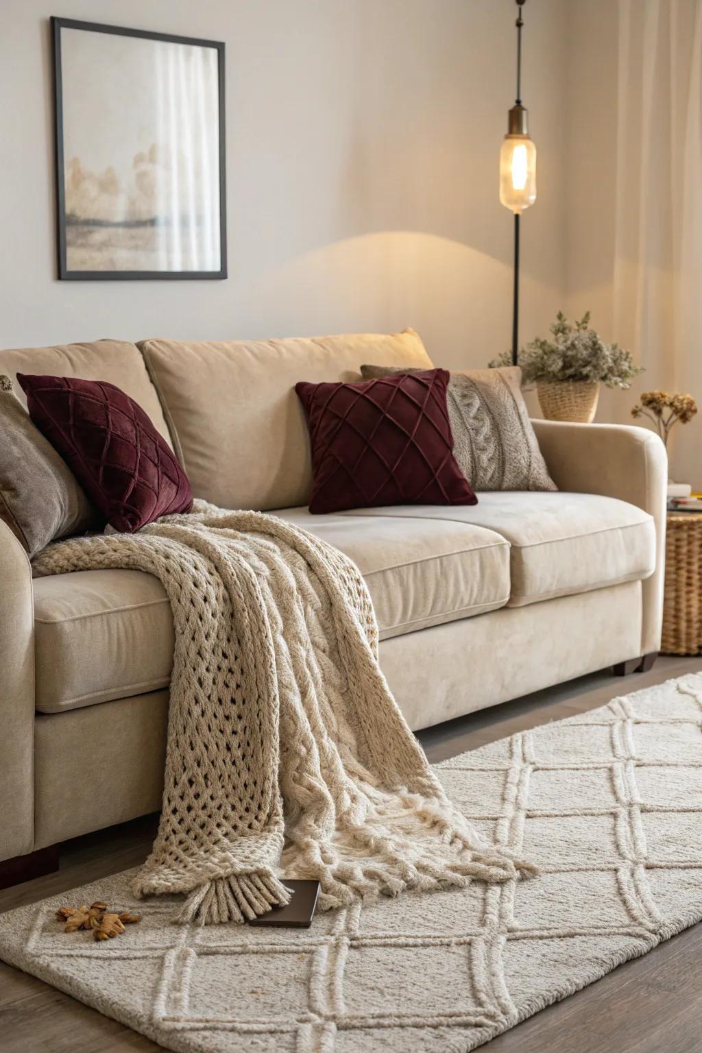 A beautifully textured living room featuring a sand-toned sofa complemented by a variety of soft and plush elements.
