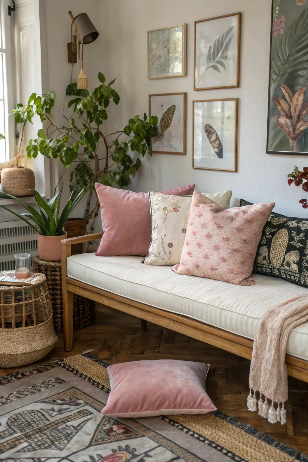 Combining materials such as cotton and faux fur creates a visually striking cushion arrangement.