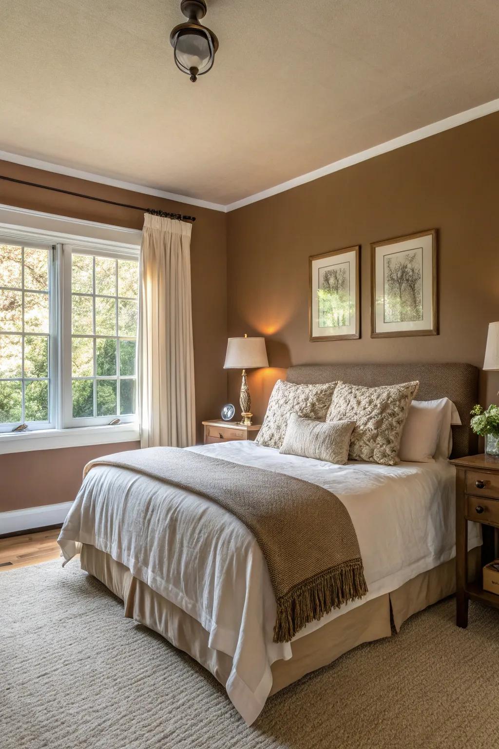 A master suite transformed into a serene getaway using gentle cocoa shades.