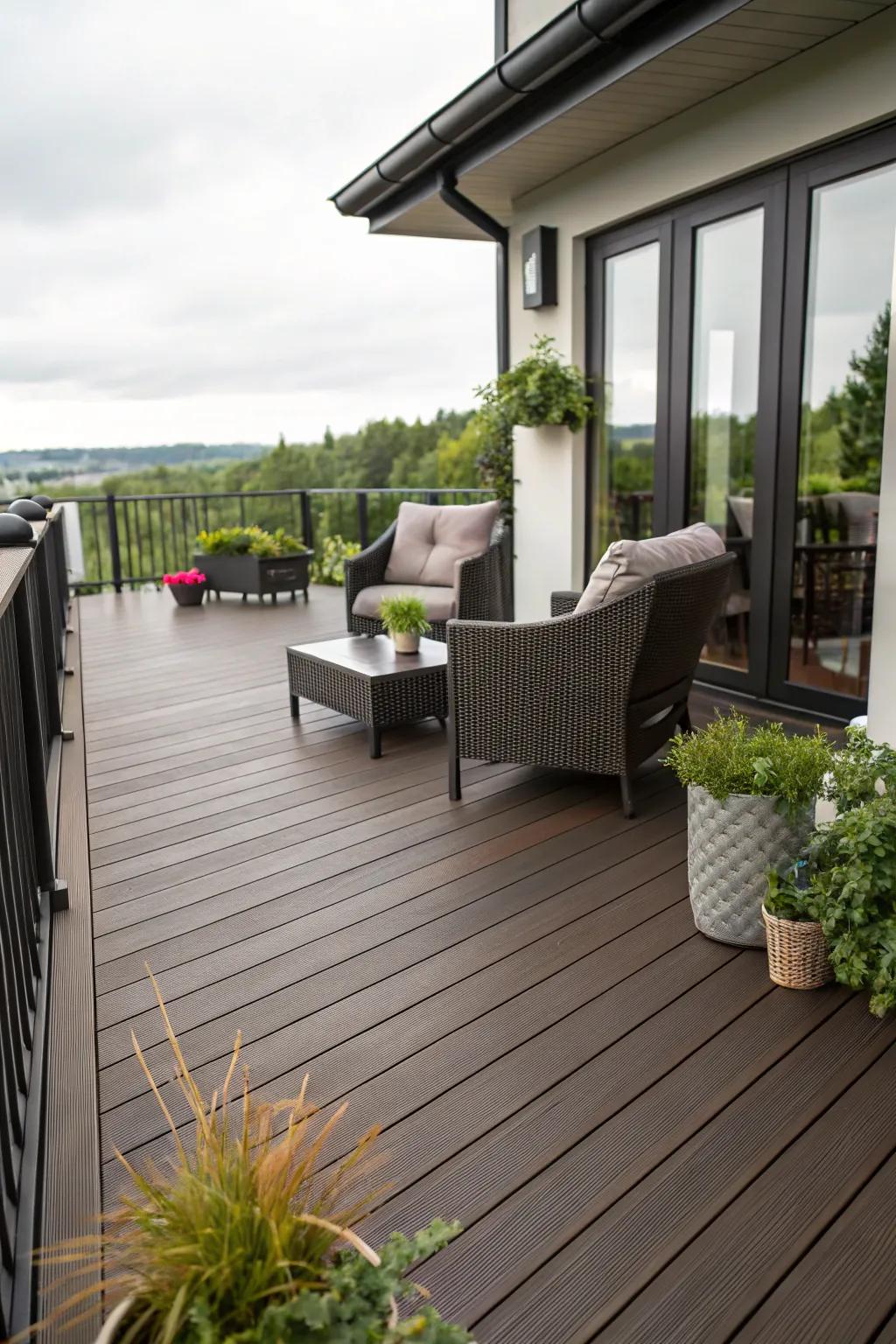 Deep brown decks offer a modern yet inviting look.