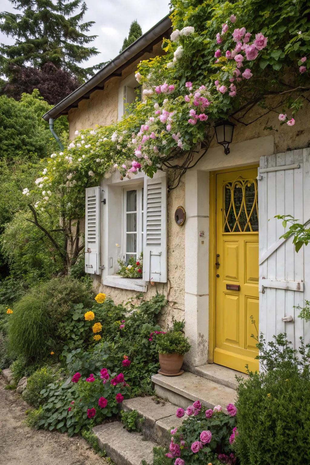 A bright gold door gives this quaint cottage a burst of color.