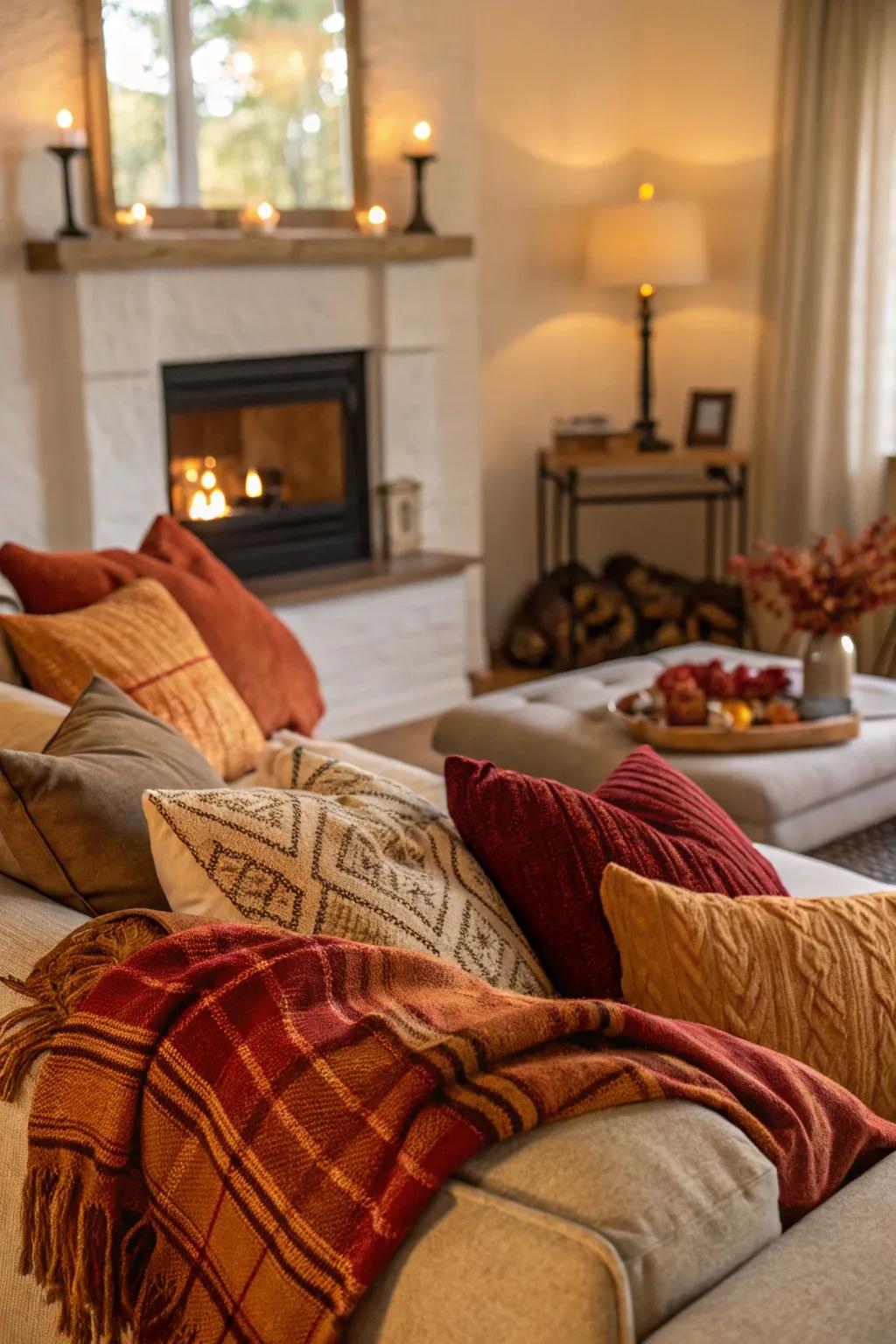 Create a comfortable atmosphere in your family room with rich cushions and throws.