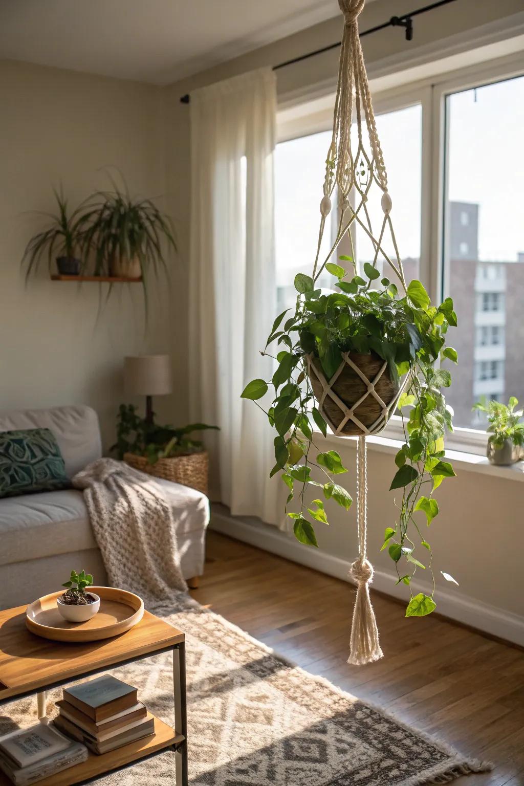 Chic plant hangers are perfect for adding greenery without taking up floor space.