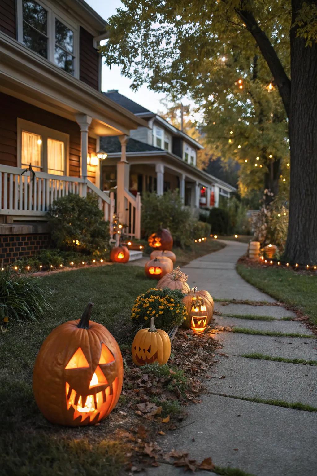 A gourd illumination route lights the way for trick-or-treaters.