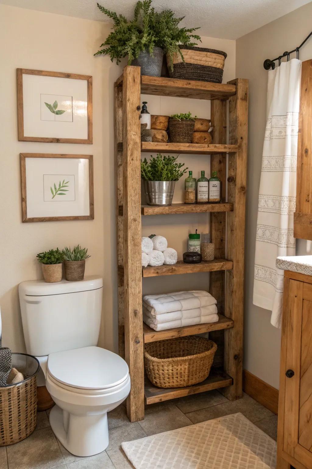 Wooden units fill the bathroom with a sense of natural warmth and character.