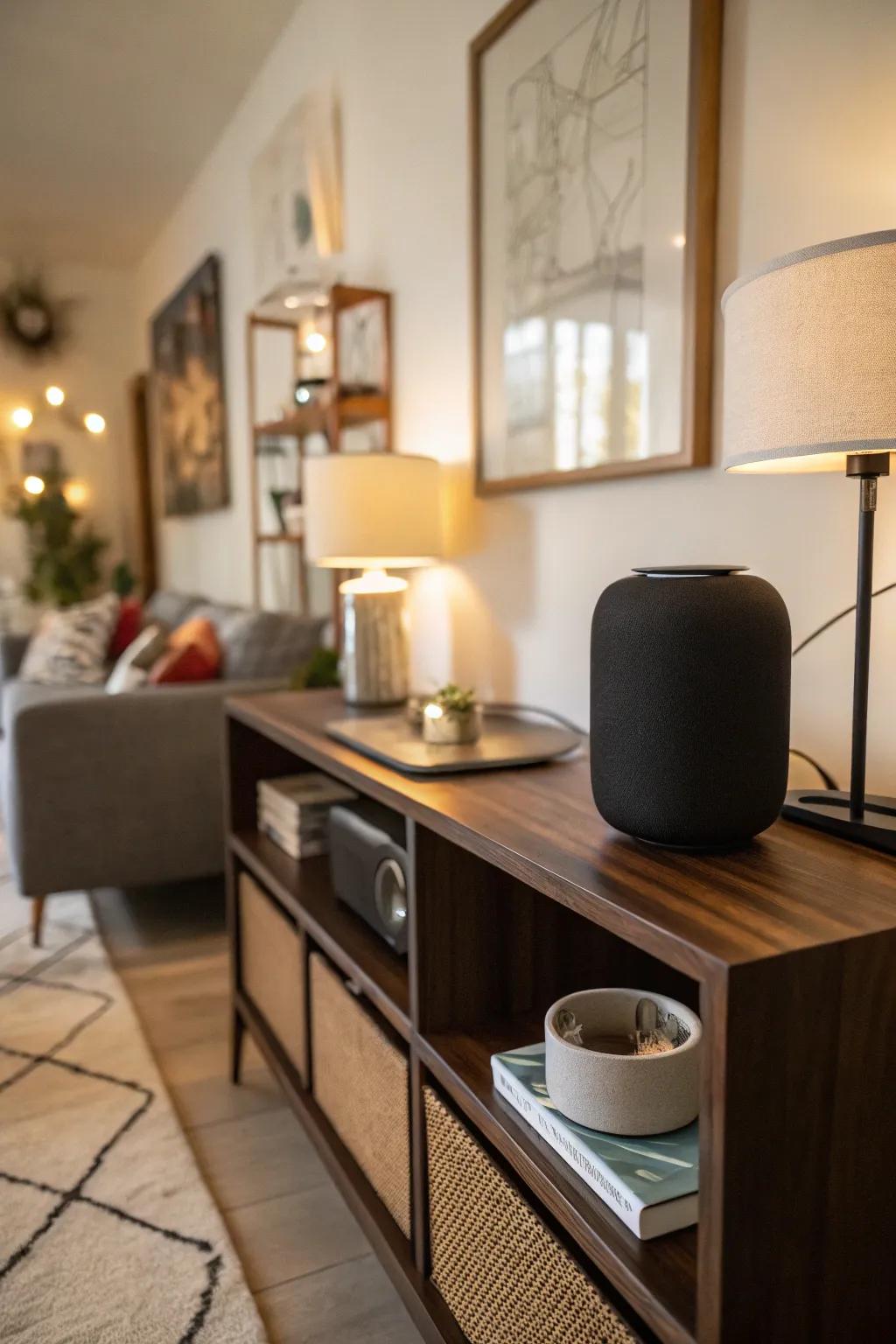 A smart speaker fits perfectly in a mid-century modern living room, amplifying both its aesthetic and utility.