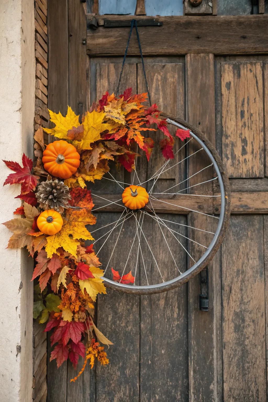 A seasonal bicycle wreath featuring autumn leaves and pumpkins, tailor-made for fall.