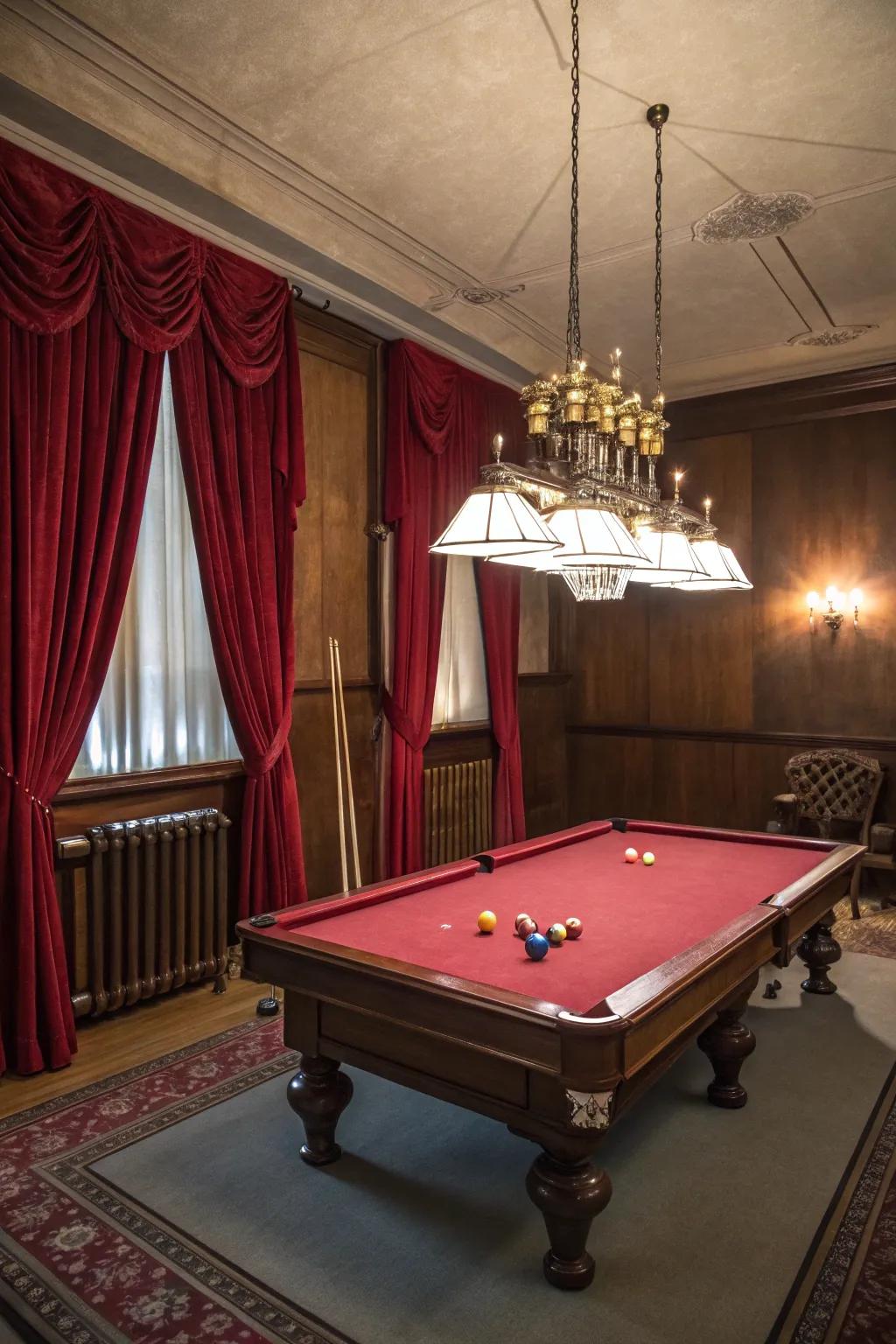 Sophisticated hanging lights beautifully illuminate and enrich the ambiance of a billiards room.