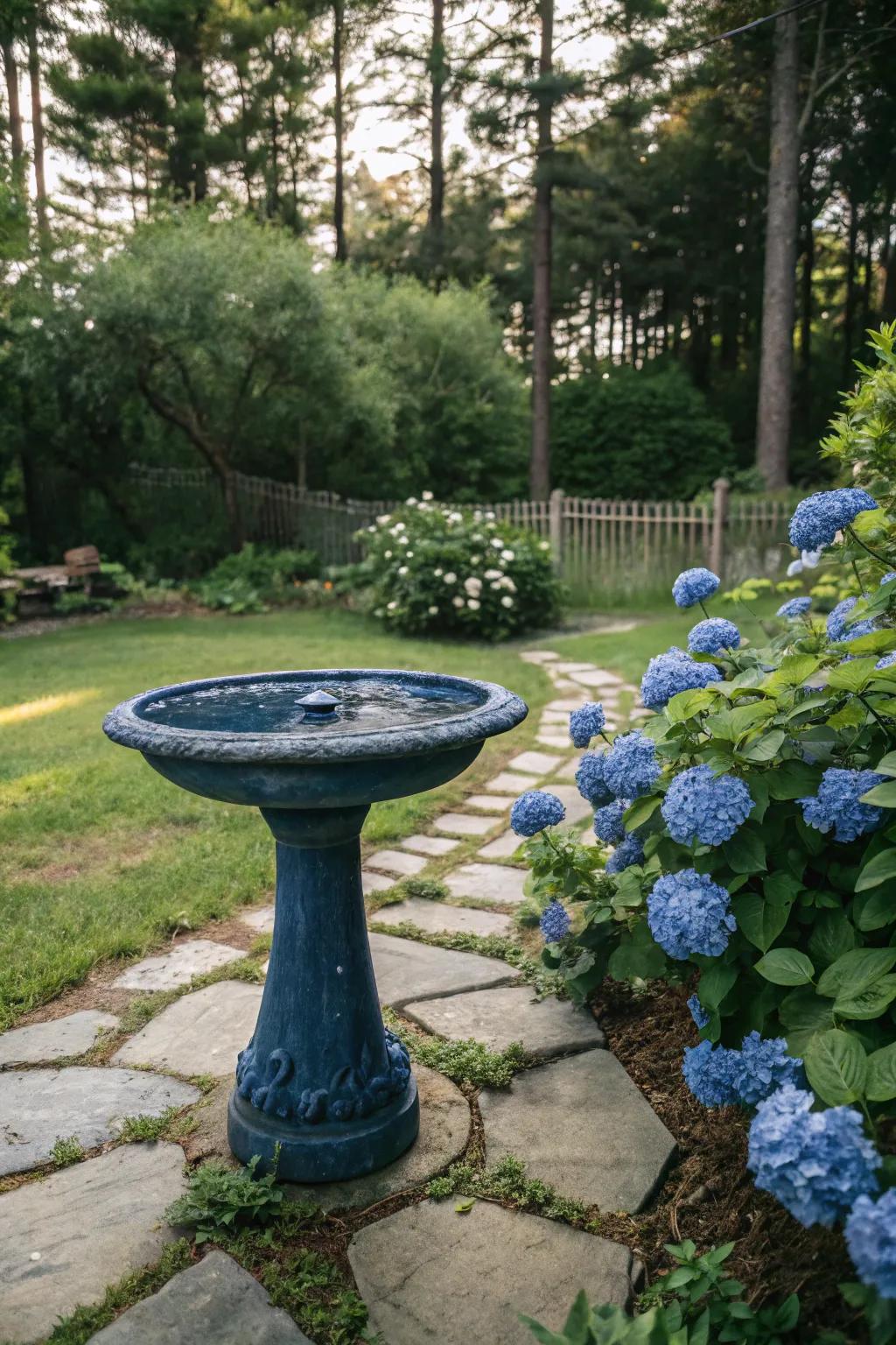 A tranquil blue bird bath harmonizing with blue hydrangeas, providing a peaceful retreat for birds.