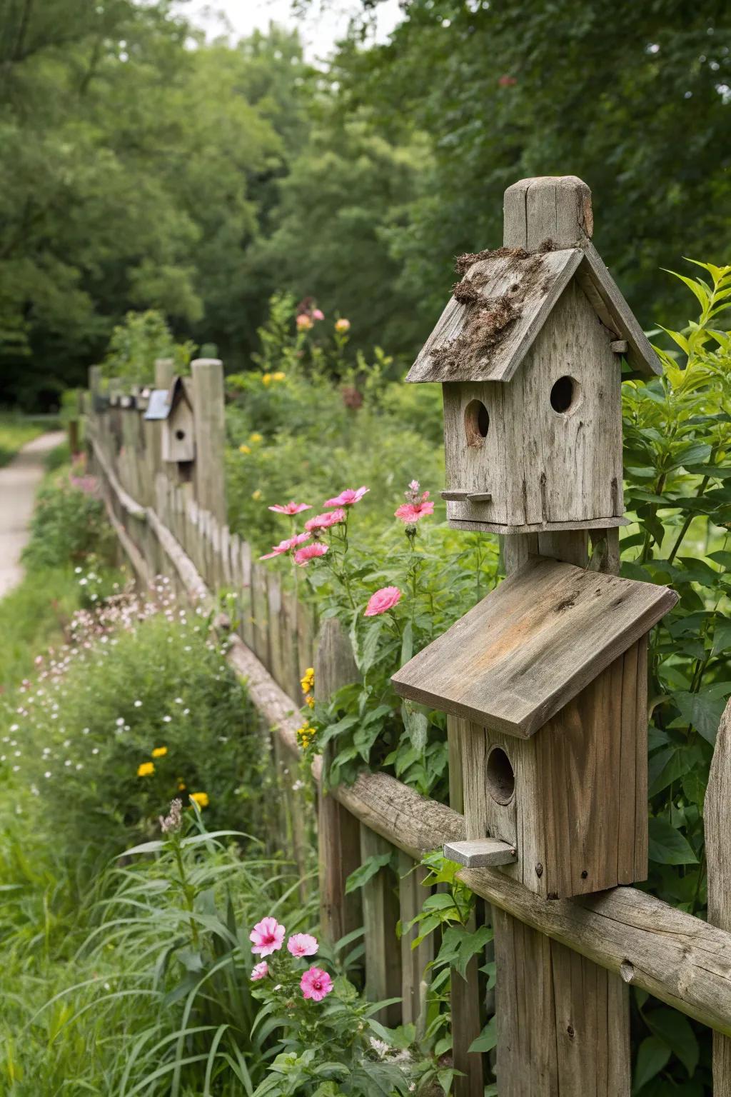 Nature-inspired wooden bird structures impart a natural appeal to a garden barrier.