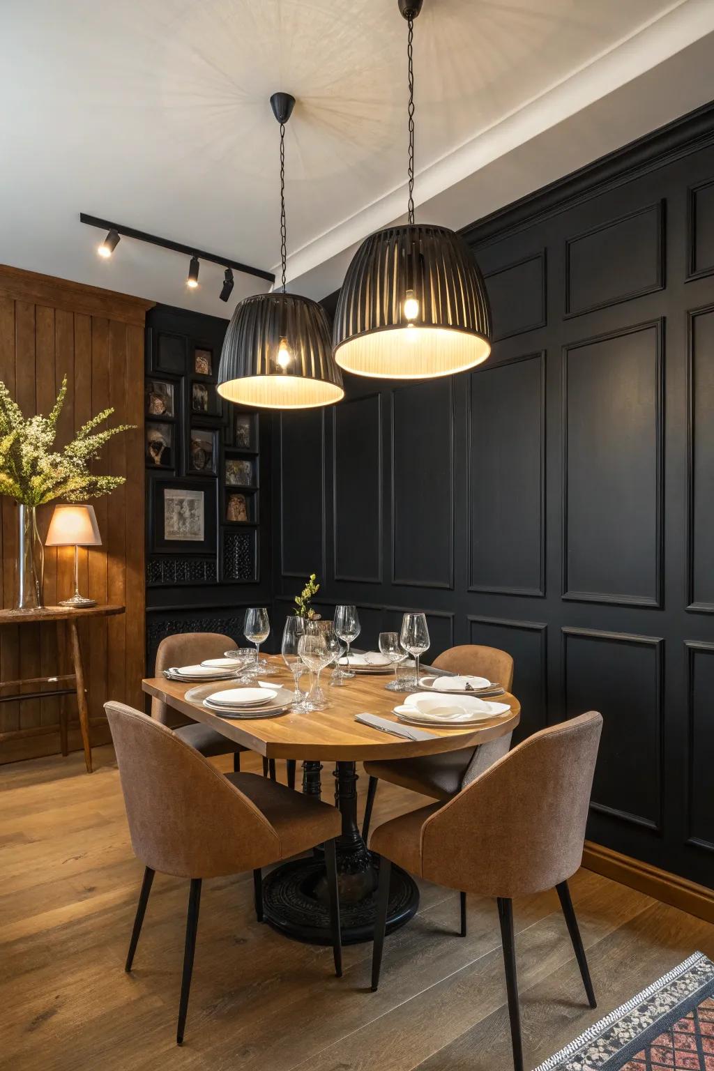 An elegant dining room featuring a black accent wall and stylish wooden dining set.