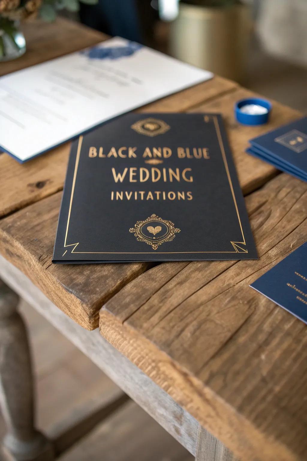 Make a lasting impression with elegant invitations in black and blue.