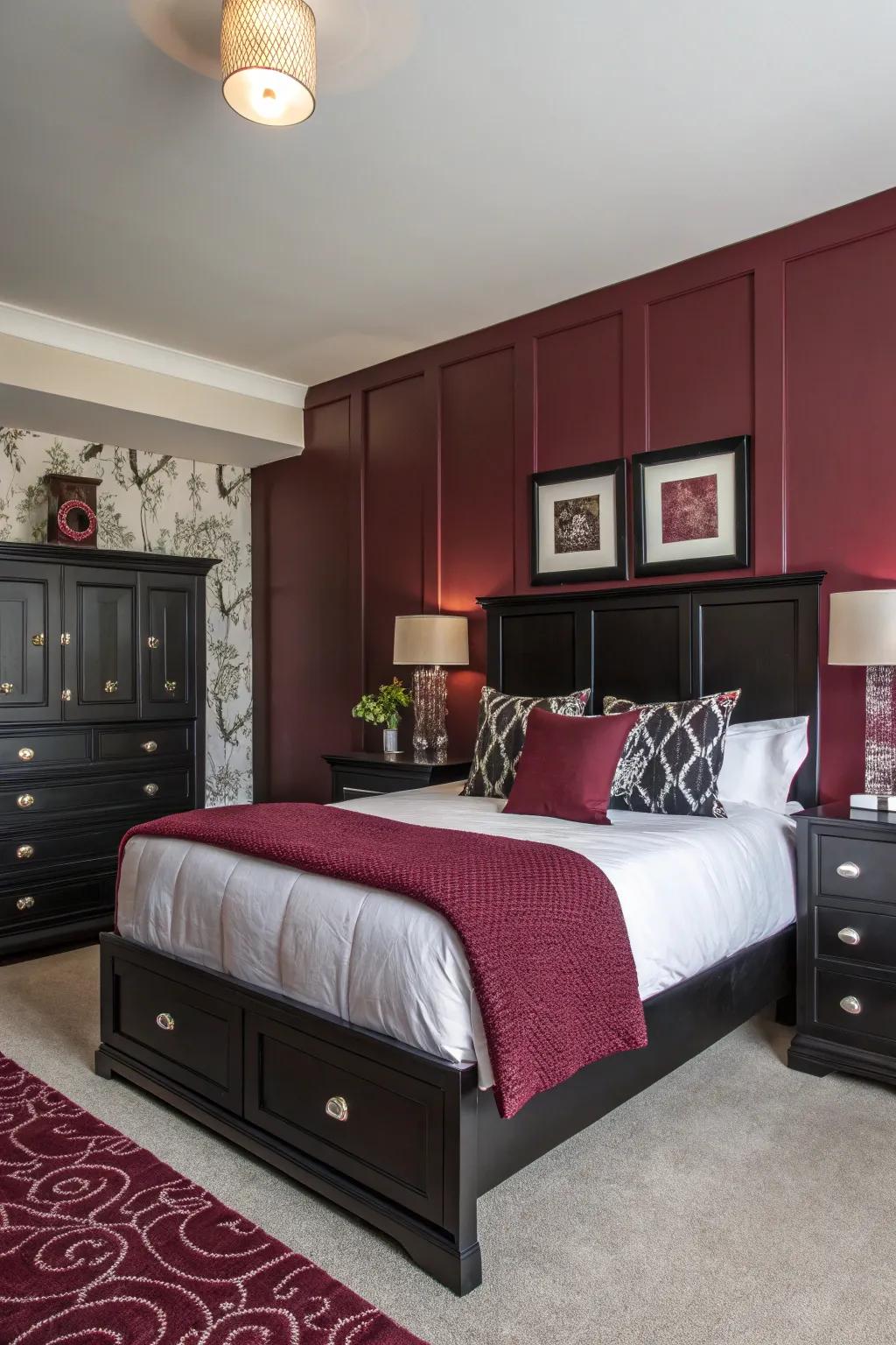A maroon feature wall enriches and delivers a spectacular main attraction within your bedroom.