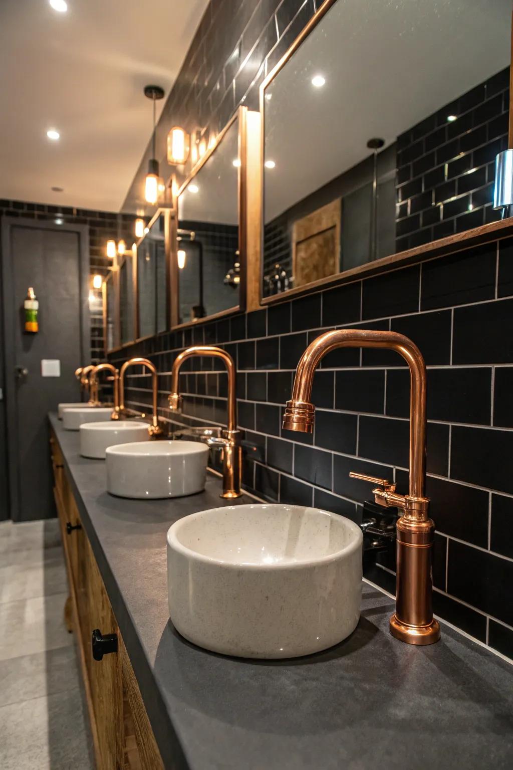 Refined copper hardware beautifully enhances sleek black panels.