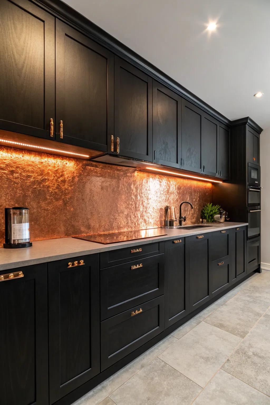 Copper splashbacks enrich sleek black kitchens with texture and warmth.