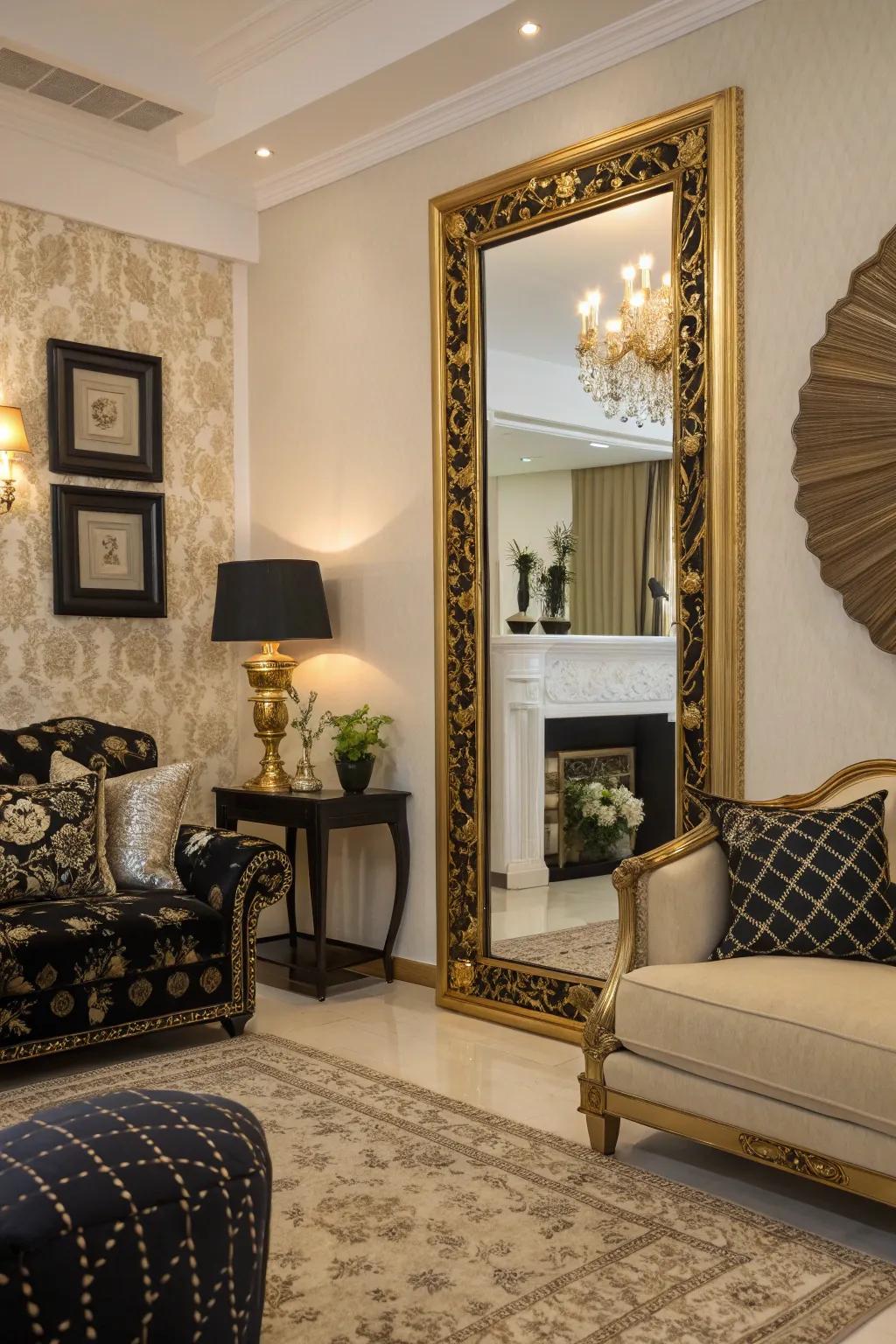 A looking glass framed in gold gives a glamorous feel to an elegant ebony and ivory setup.