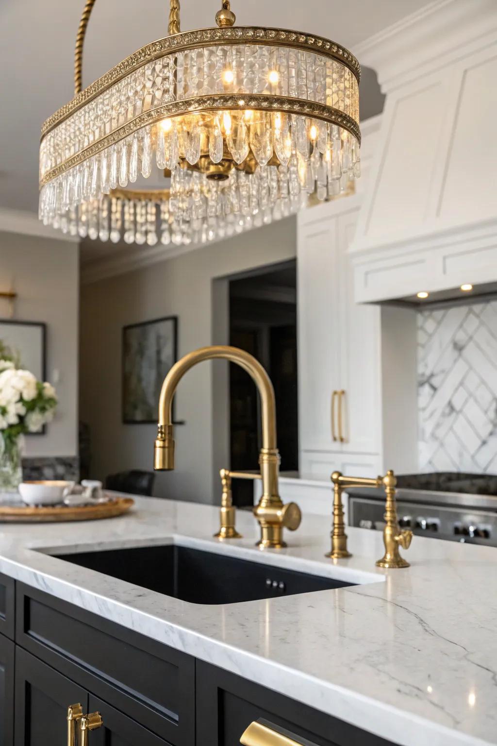 Gilded fixtures add a hint of allure to this stylish kitchen.