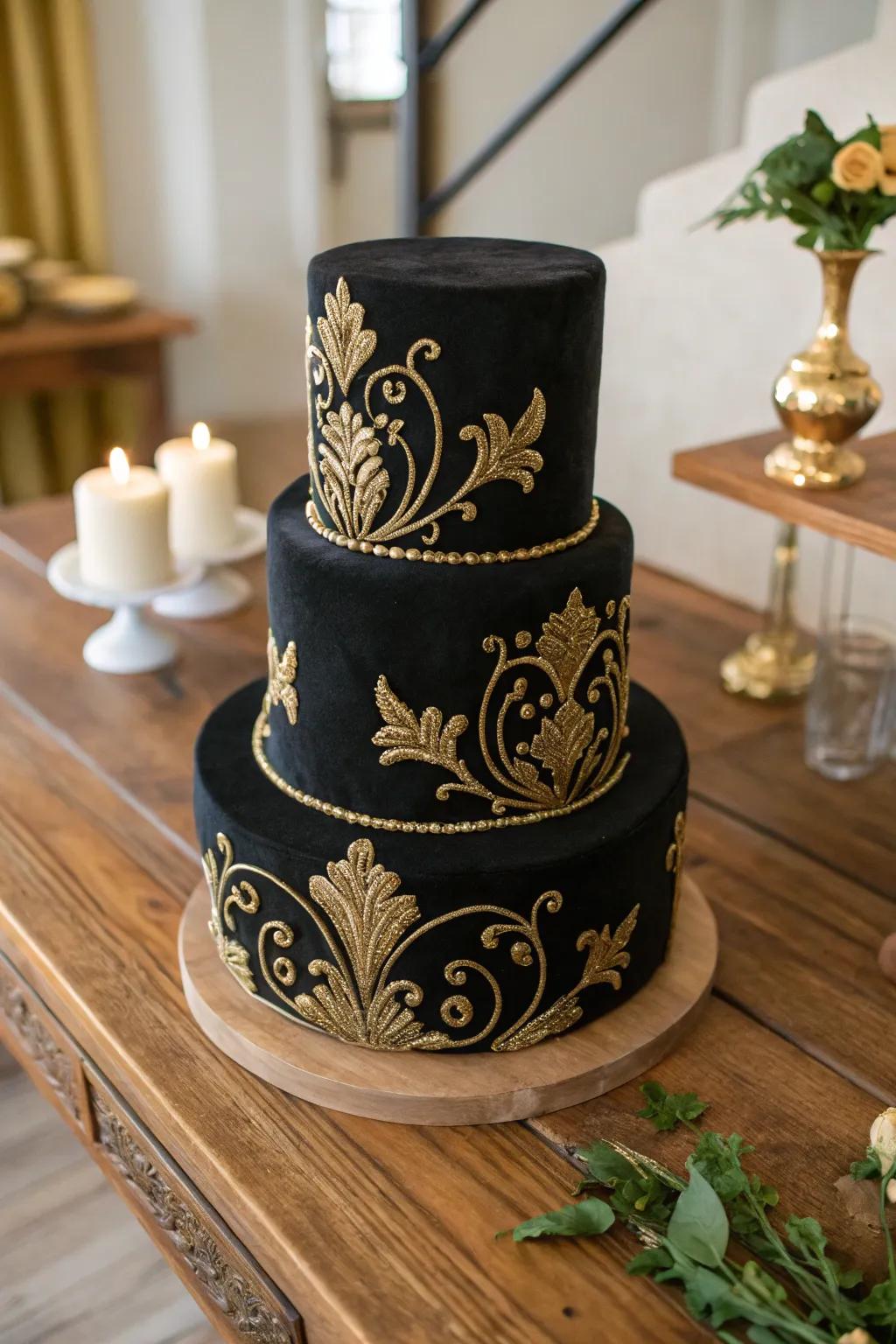 An elegant black velvet cake with subtle gold highlights.