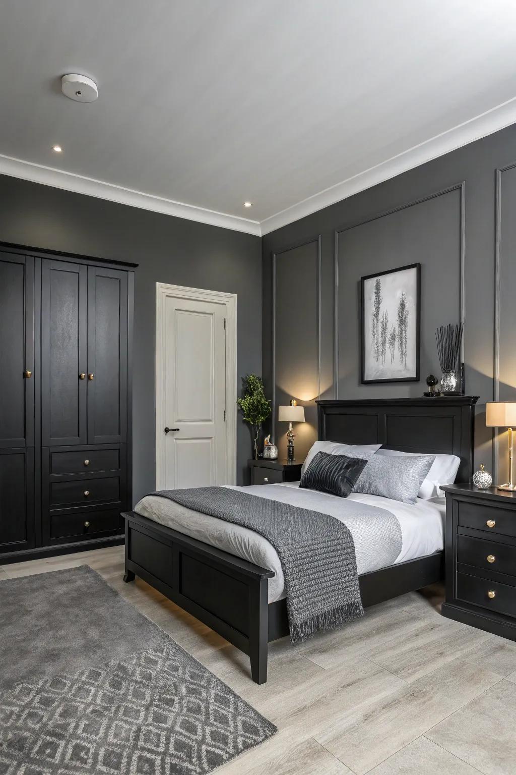A bedroom featuring subtle grey walls and black furniture for a modern look.