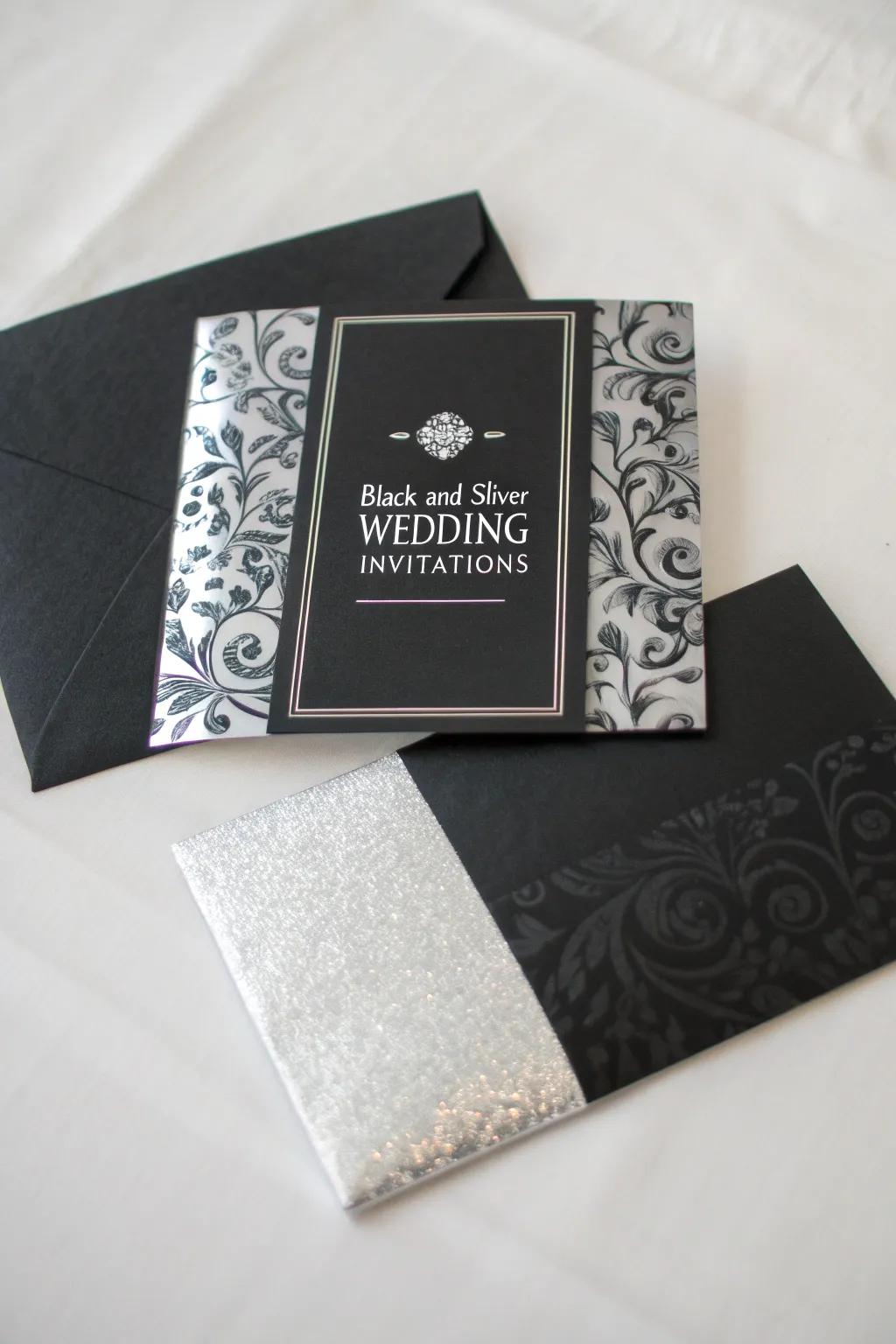 Sophisticated wedding invites in coal and shimmer.