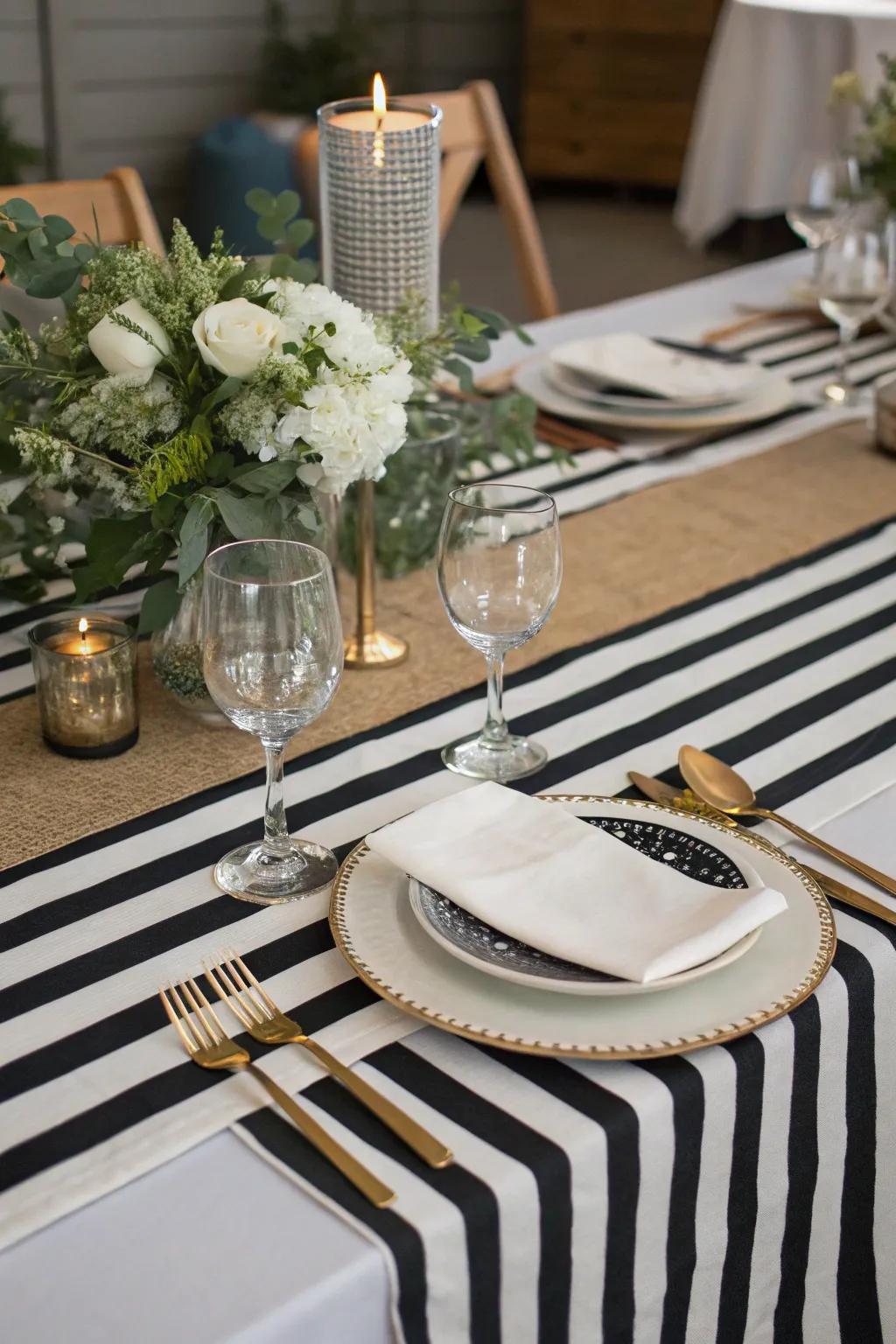 A table adorned with a black and white striped runner.