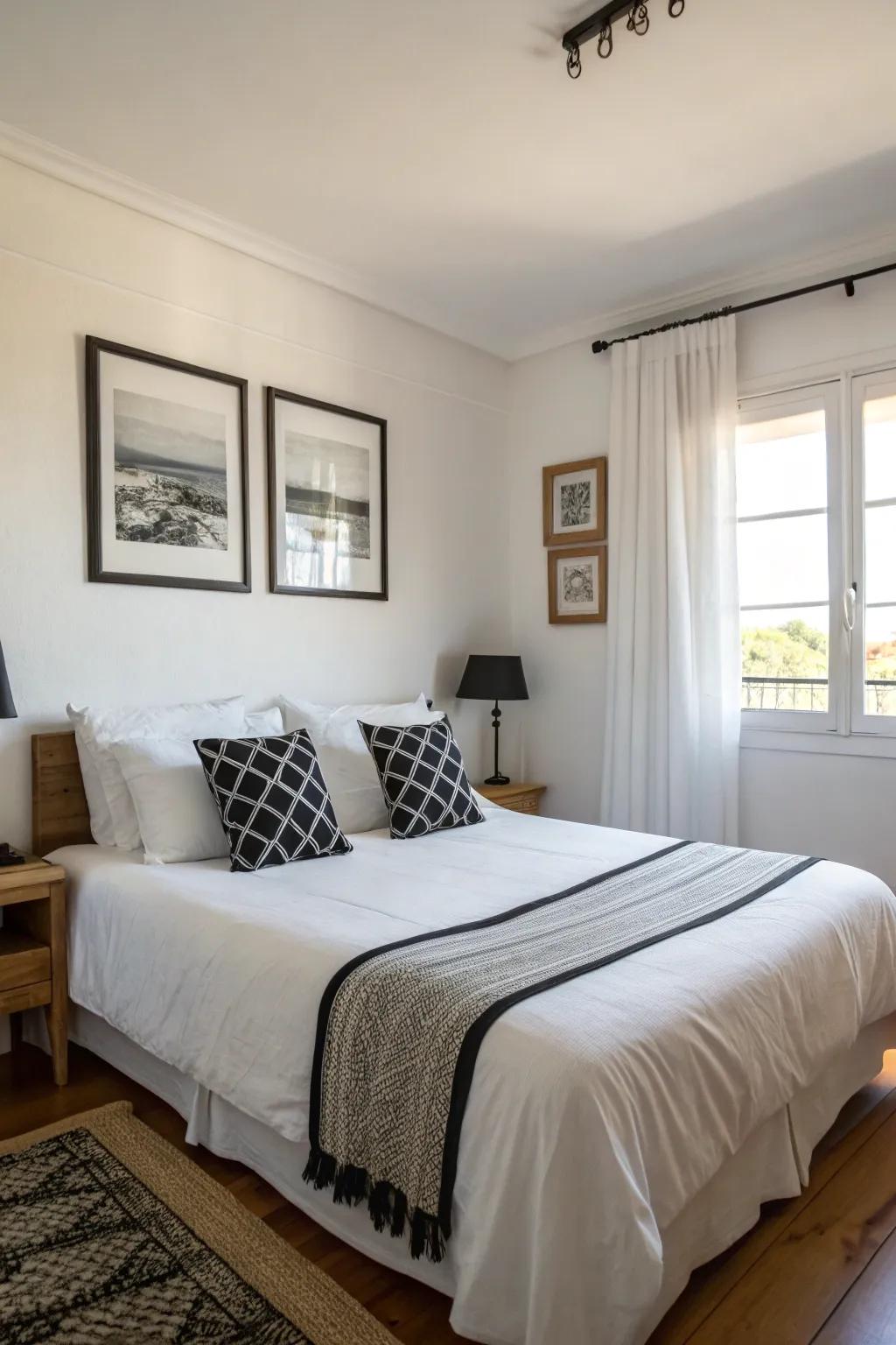 Pristine white linens with black accents fashion a tranquil sanctuary.