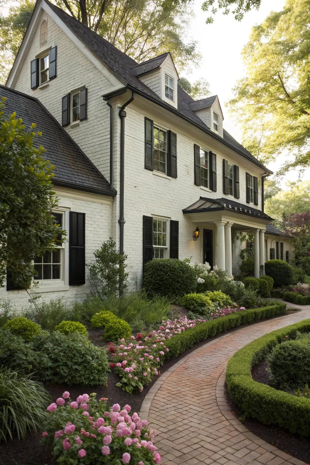 A traditional home highlighting white brick and contrasting black window coverings.