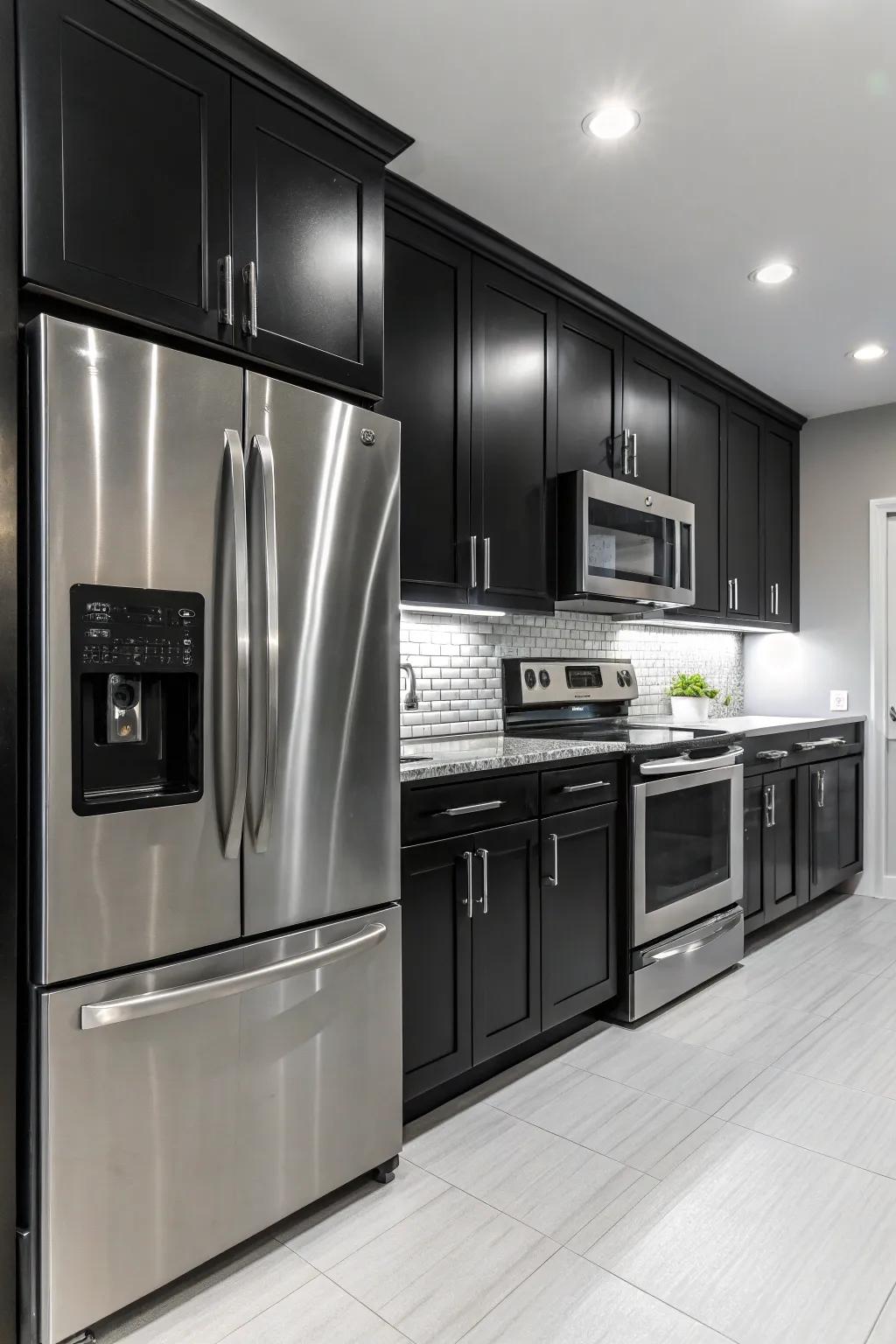 Stainless steel appliances bring refinement to this black and white kitchen.