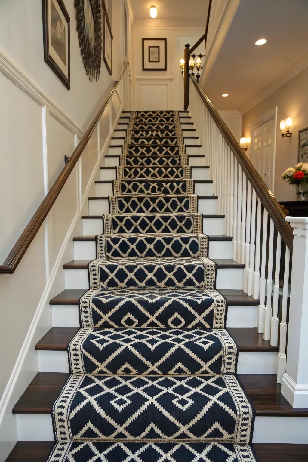 A stylish staircase adorned with a black and white geometric runner, adding both texture and coziness.