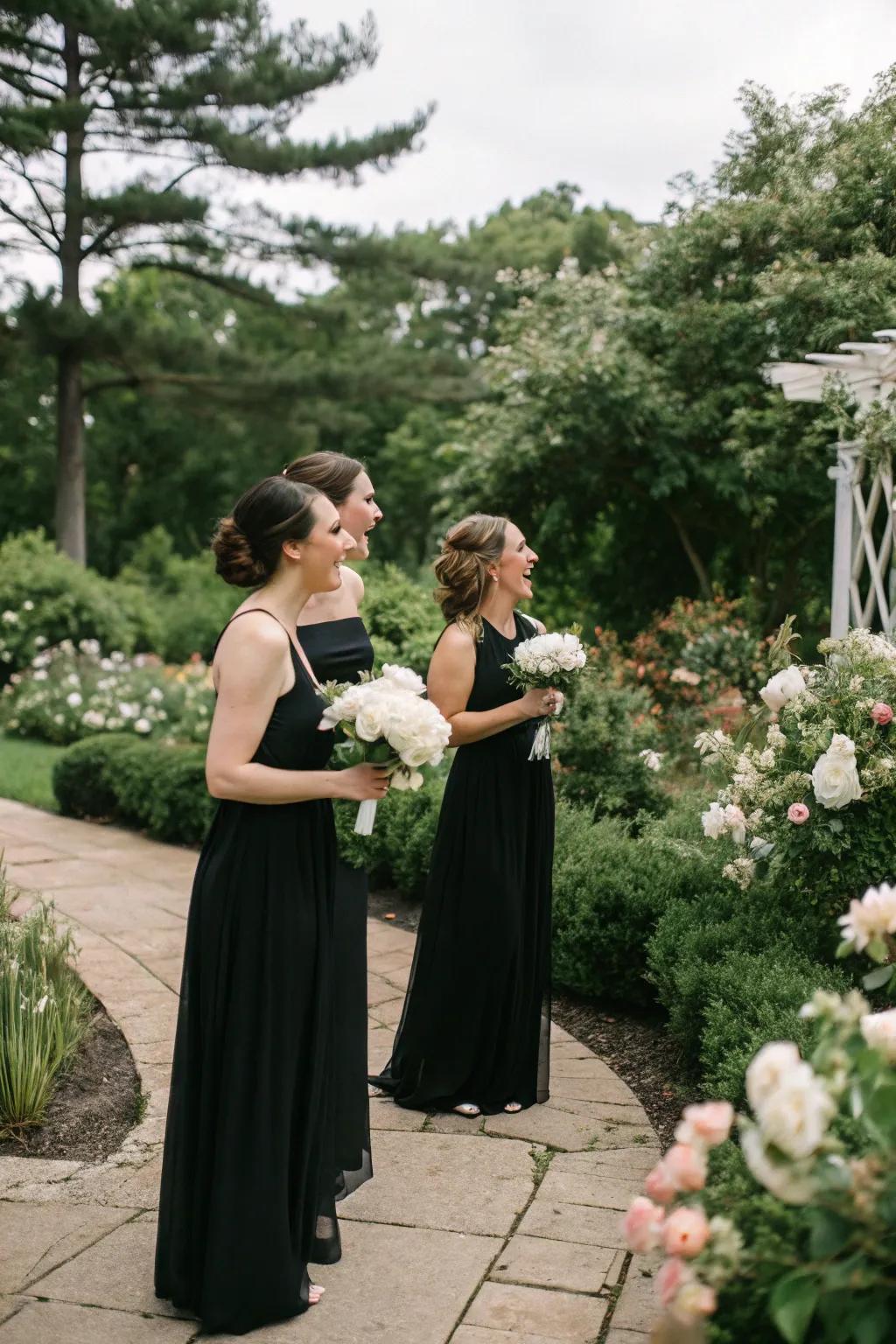 Chic bridesmaids in ebony gowns with ivory bouquets establish a striking contrast.