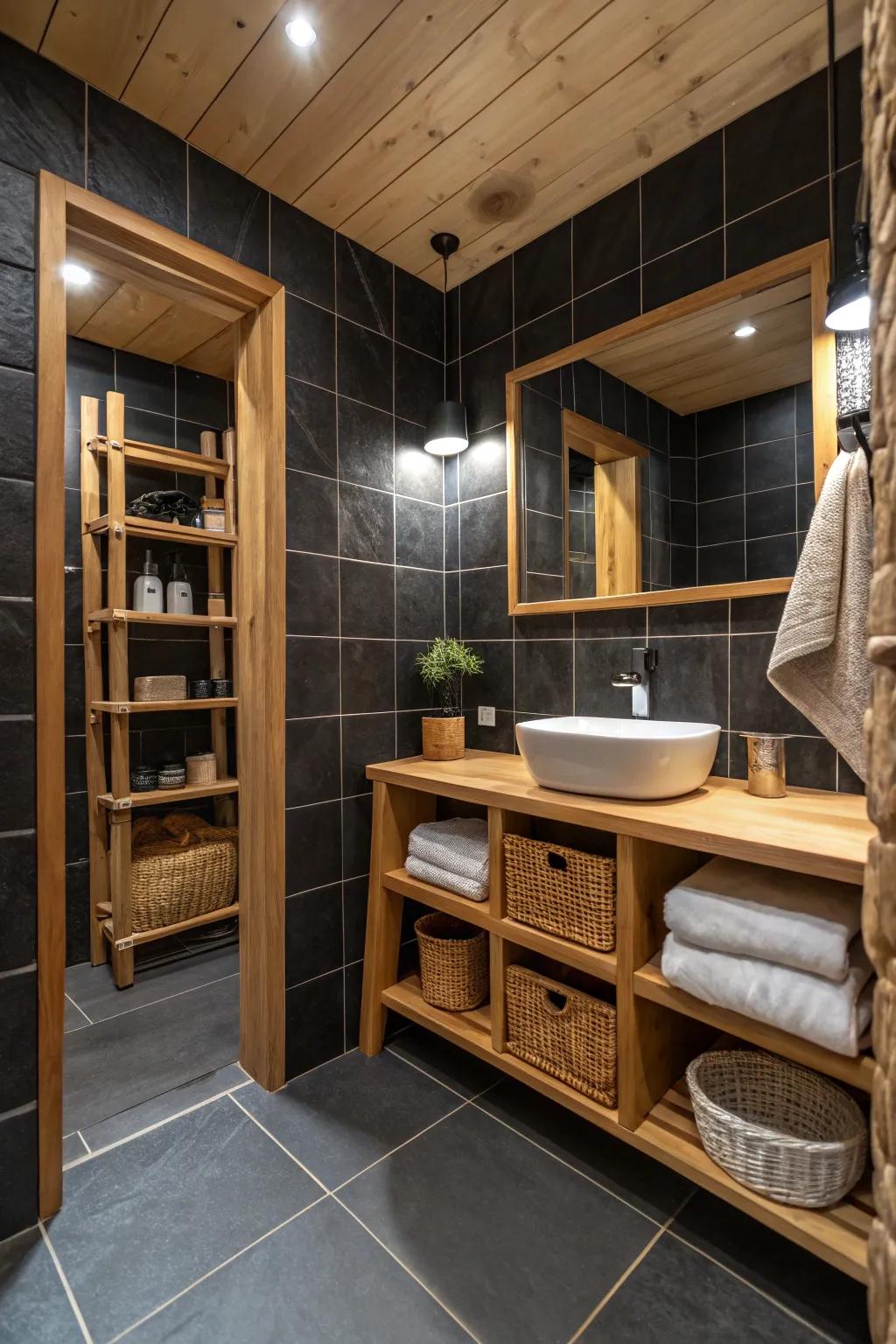 Timber features infuse warmth into a dark-themed bathroom design.