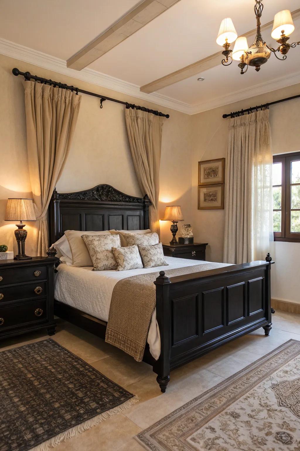 A comfortable bedroom featuring dark furnishings and alluring light-toned accents.