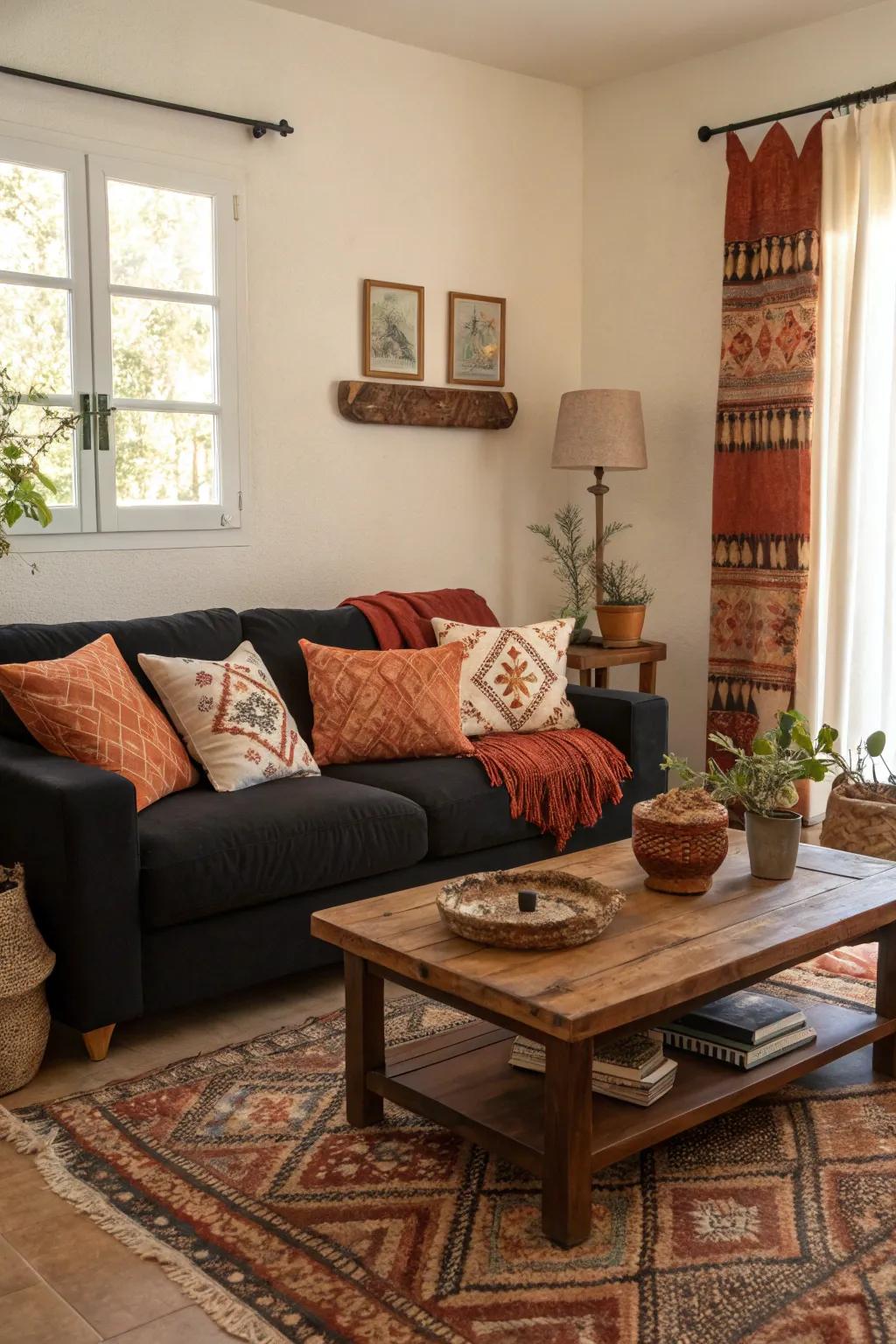 Natural tones bring warmth to a dark-toned sofa setting.