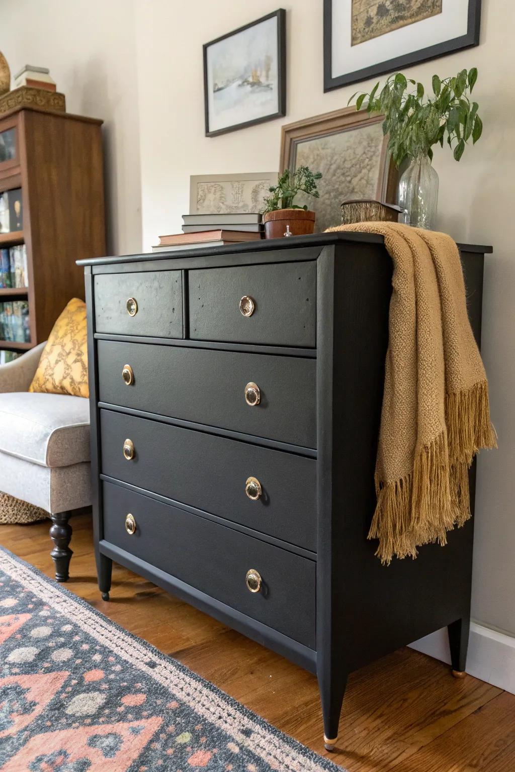 A vintage dresser transformed with black paint and modern hardware.