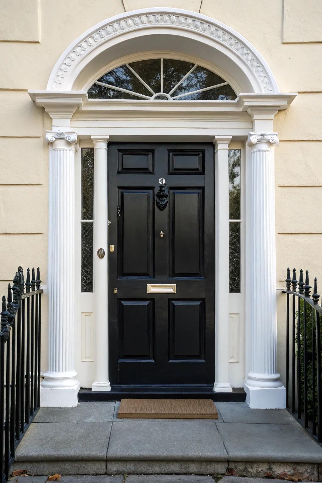 A striking dark-toned door exquisitely highlighted by contrasting white trim.