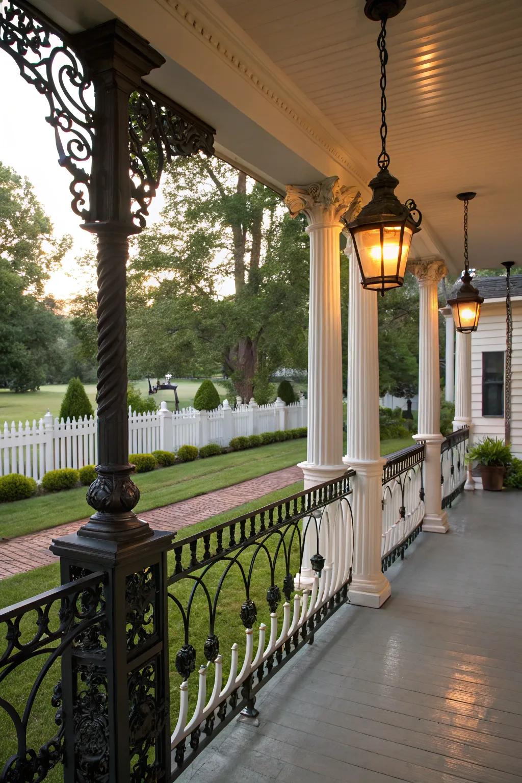 Detailed black railings add an aura of ageless beauty to classic porches.