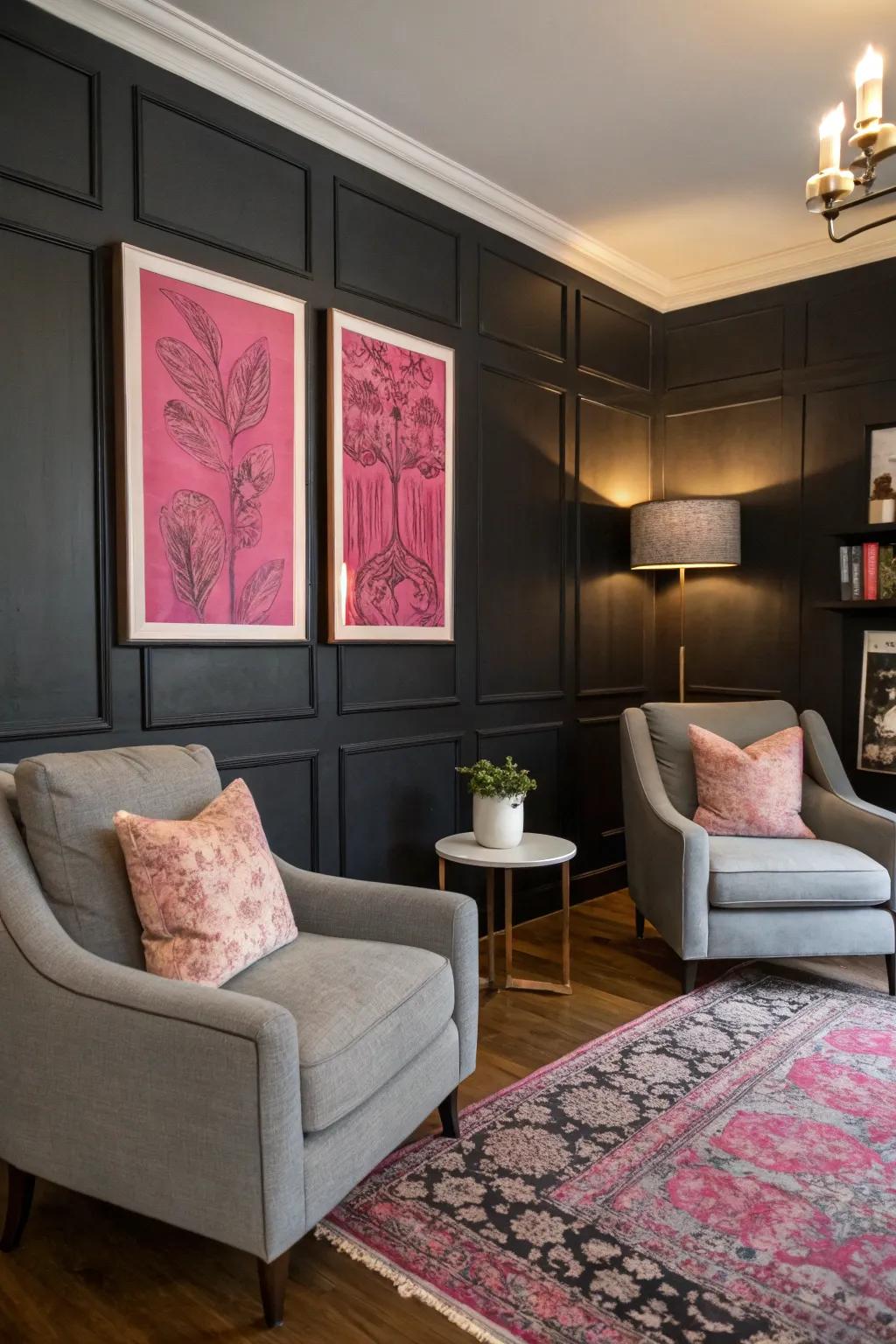 A black feature wall adorned with pink artwork brings drama and flair.