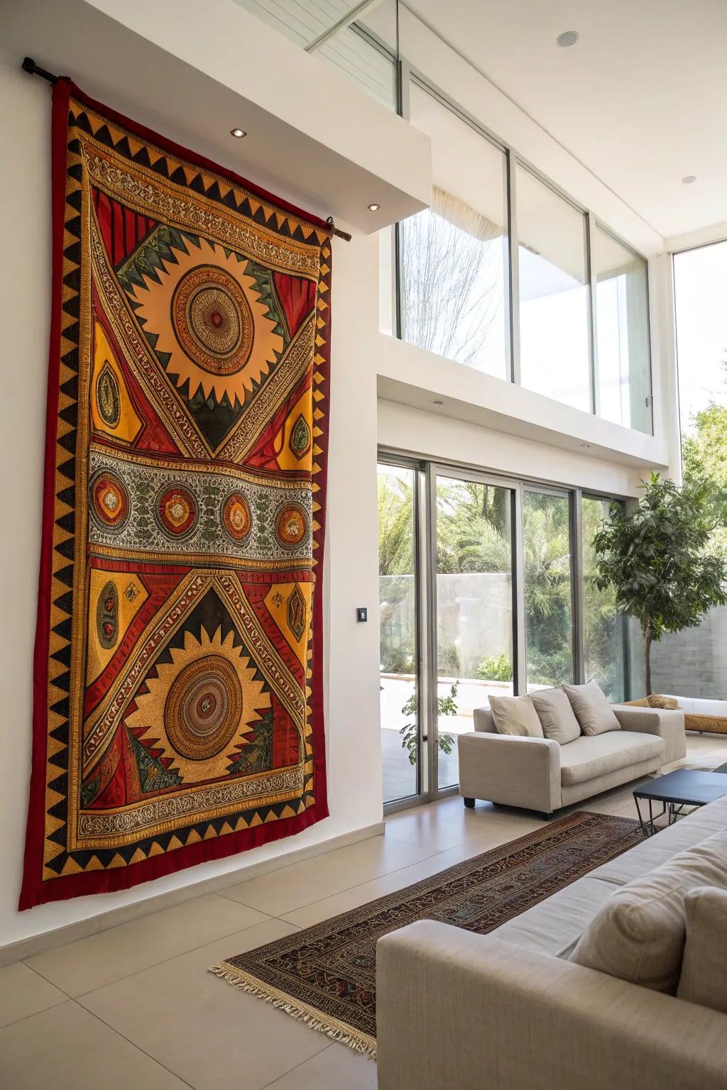 A tapestry alive with African prints enhances cultural depth.