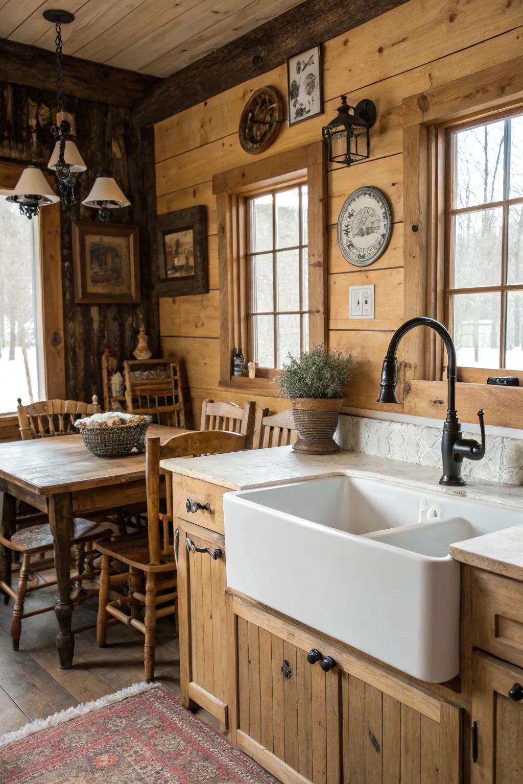 A dark tap enriches the cozy charm of this kitchen inspired by farmhouse aesthetics.