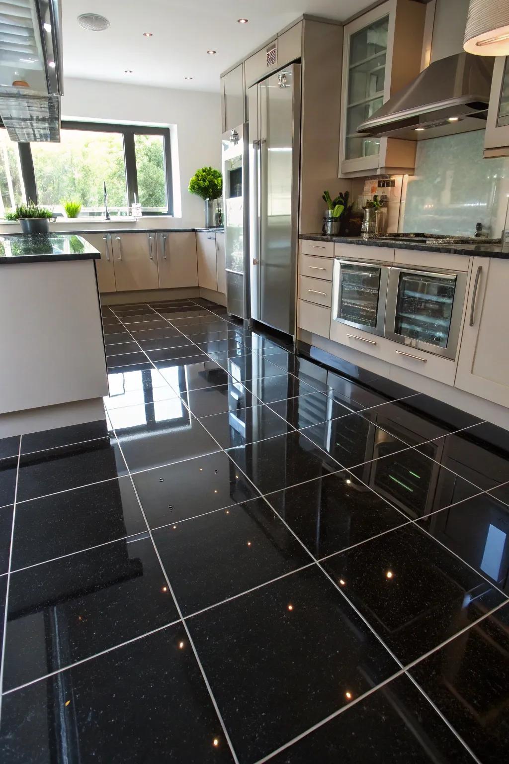 A grand kitchen displaying radiant jet floor tiles that reflect sophistication.