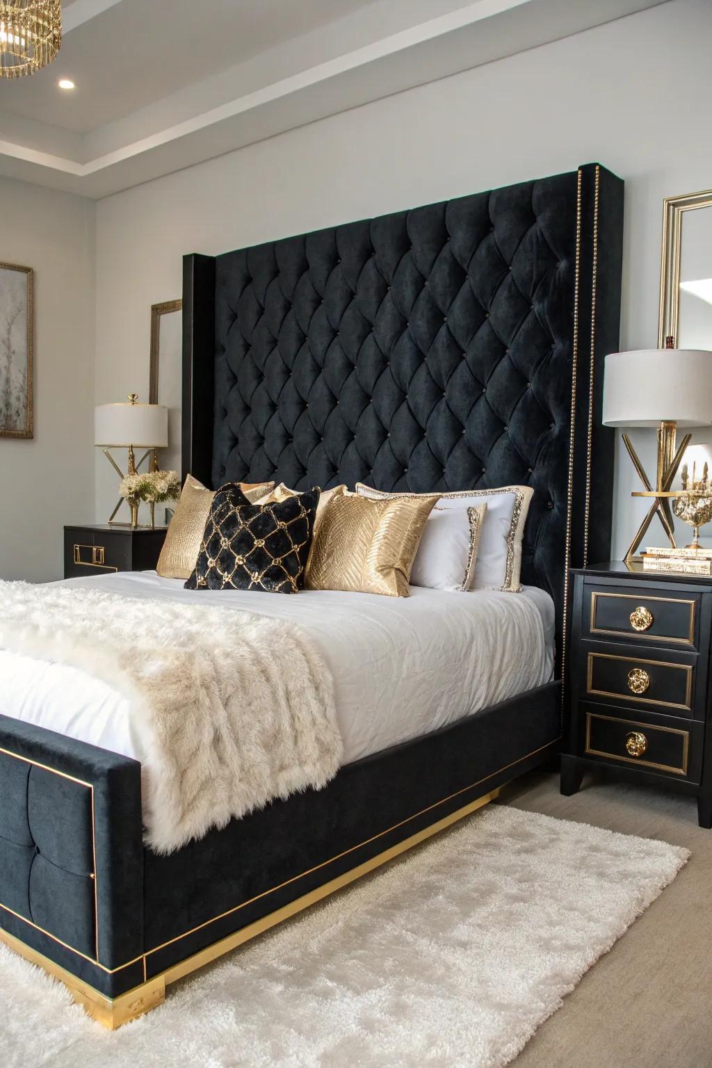 Velvet headboards contribute an exquisite detail to a black inspired bedroom.