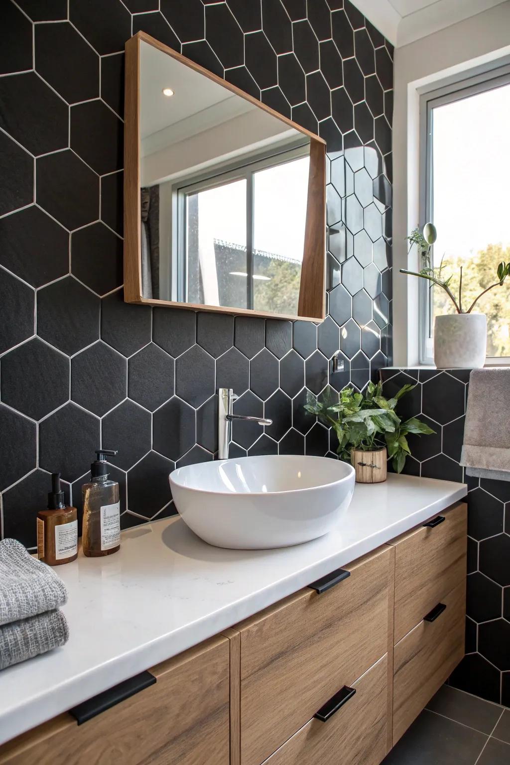 A bold black hexagon splashback that adds a geometric element to the bathroom.