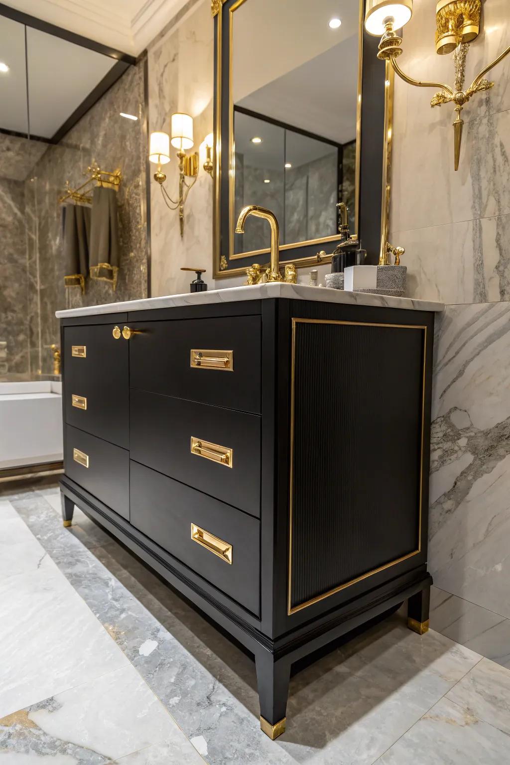 Shiny gold details against a dark sink cabinet bring in glam and sophistication.