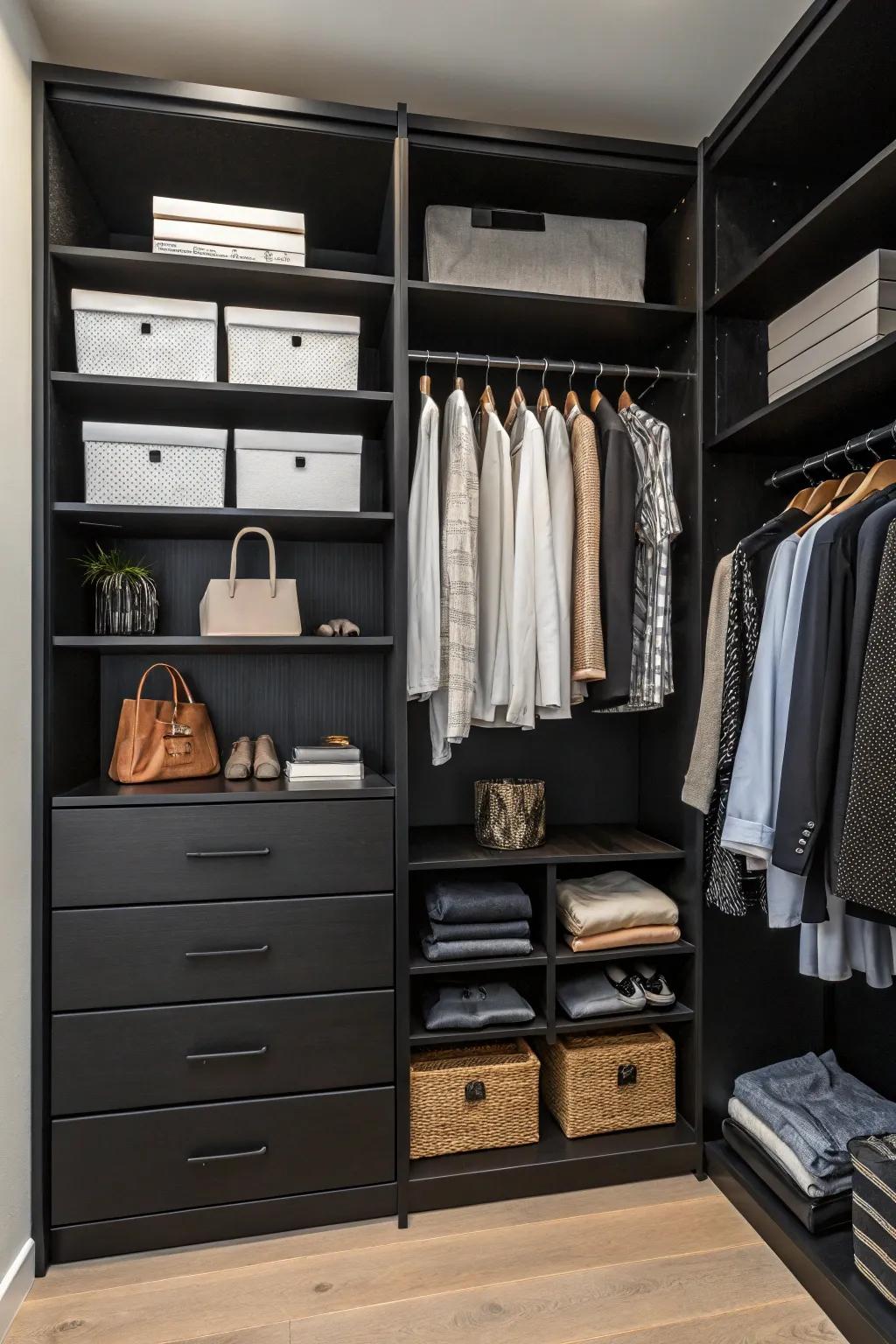 Clever storage techniques maintain this walk-in closet’s neatness and fashion.