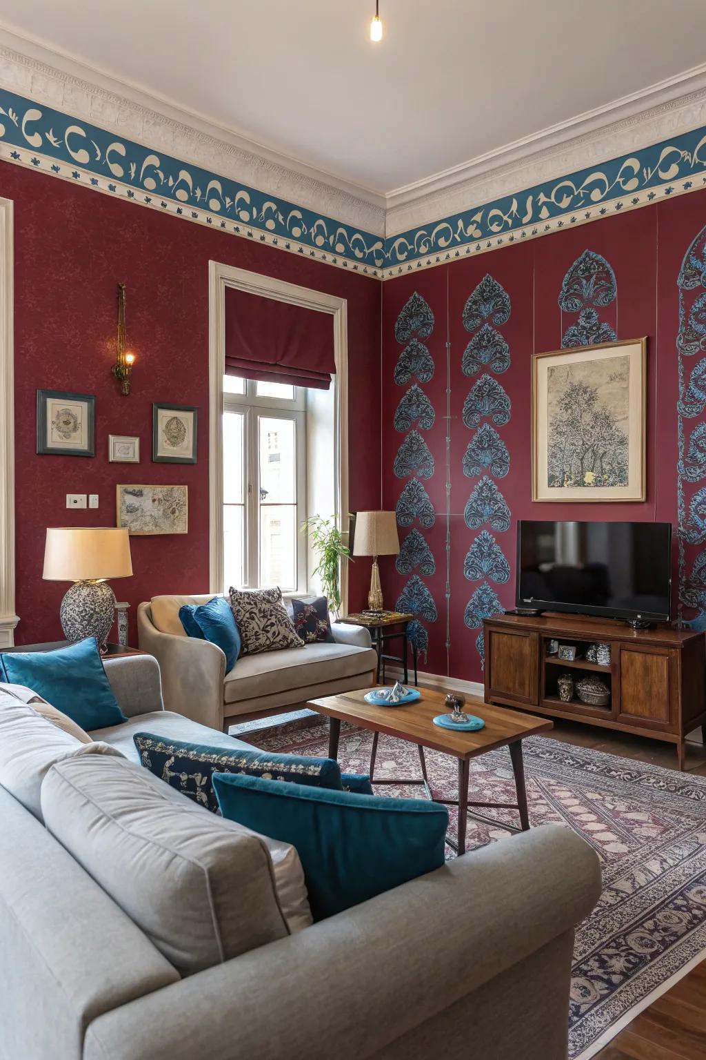 Crimson walls accented with azure create a lively twist on traditional living room aesthetics.