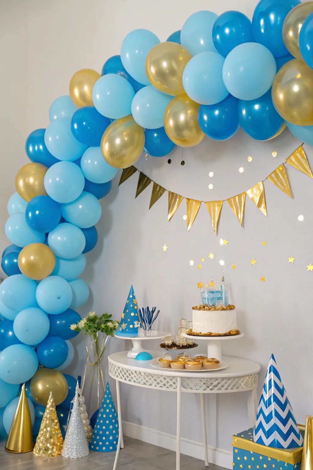 Add fun and flair with a blue and gold balloon backdrop.