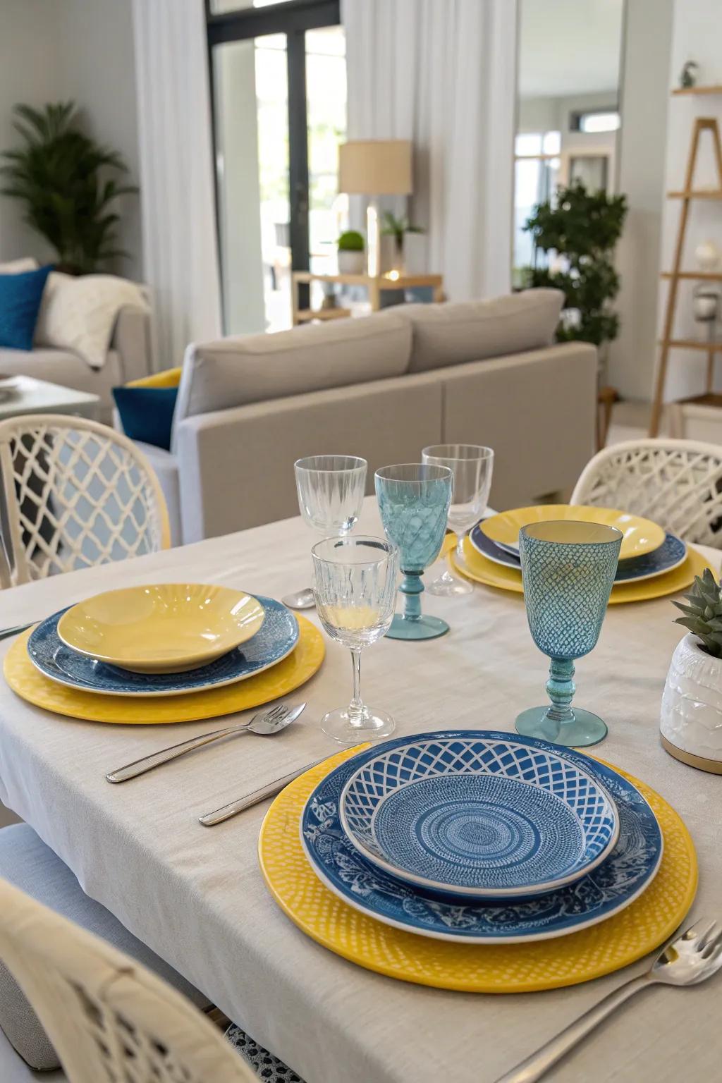 A dining table set with blue and yellow tableware for a delightful dining experience.