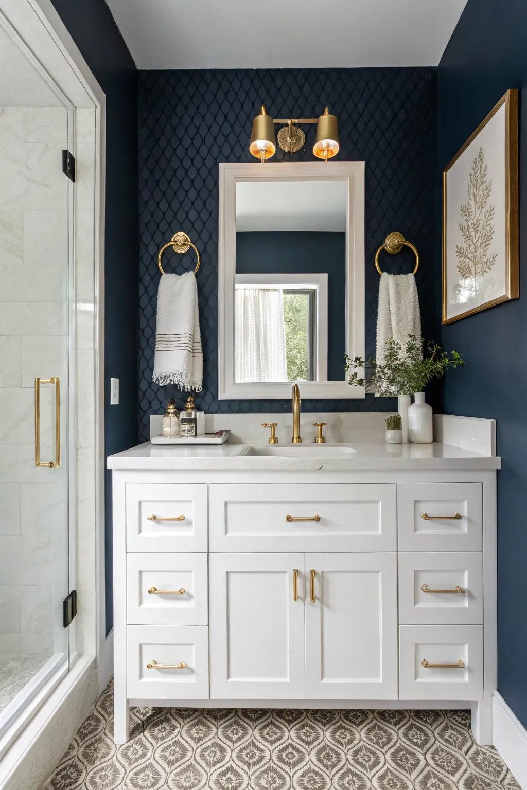 An elegant navy blue bathroom enhanced with lavish gold accents.
