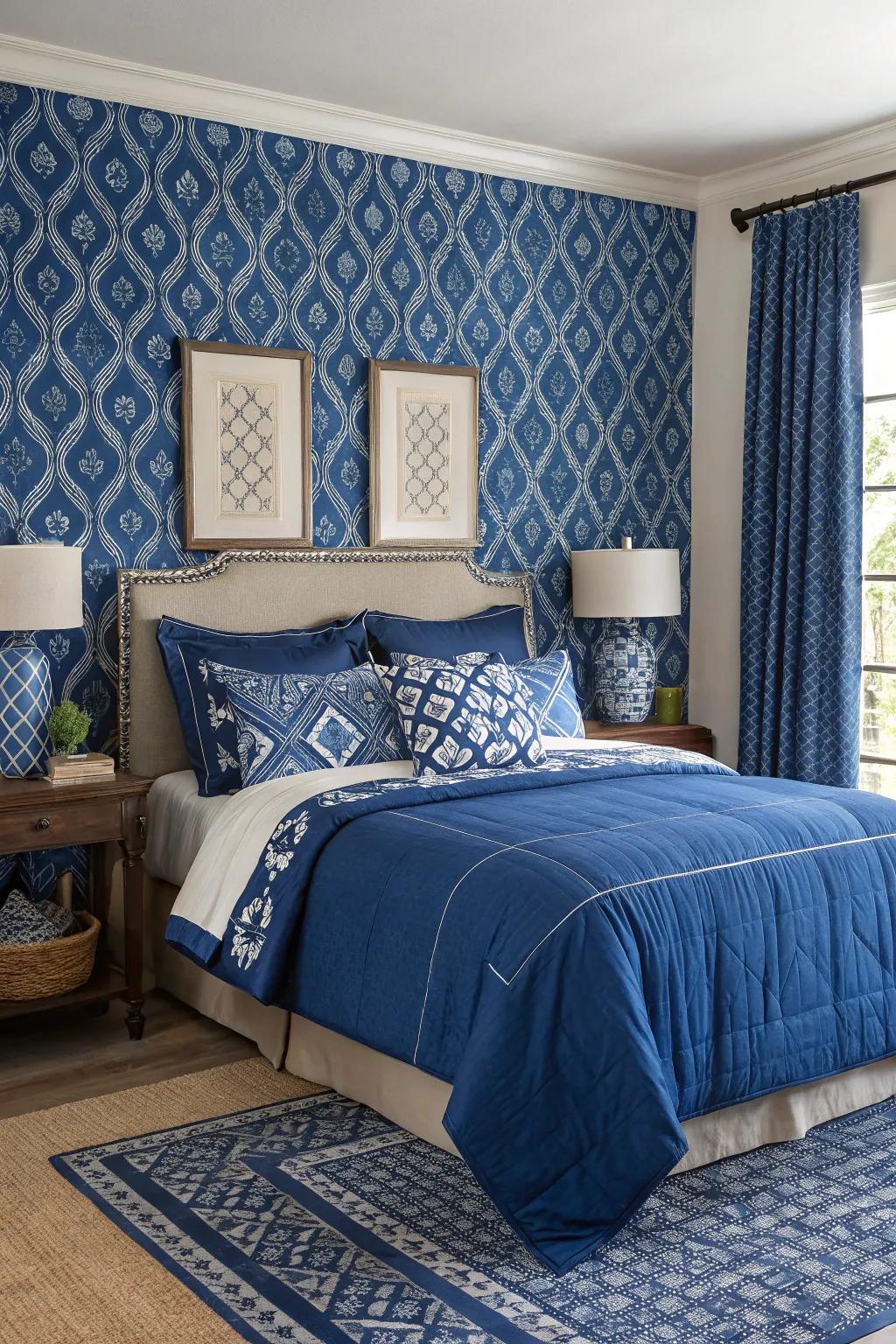 A daring blue feature wall can dramatically lift the room's overall look.